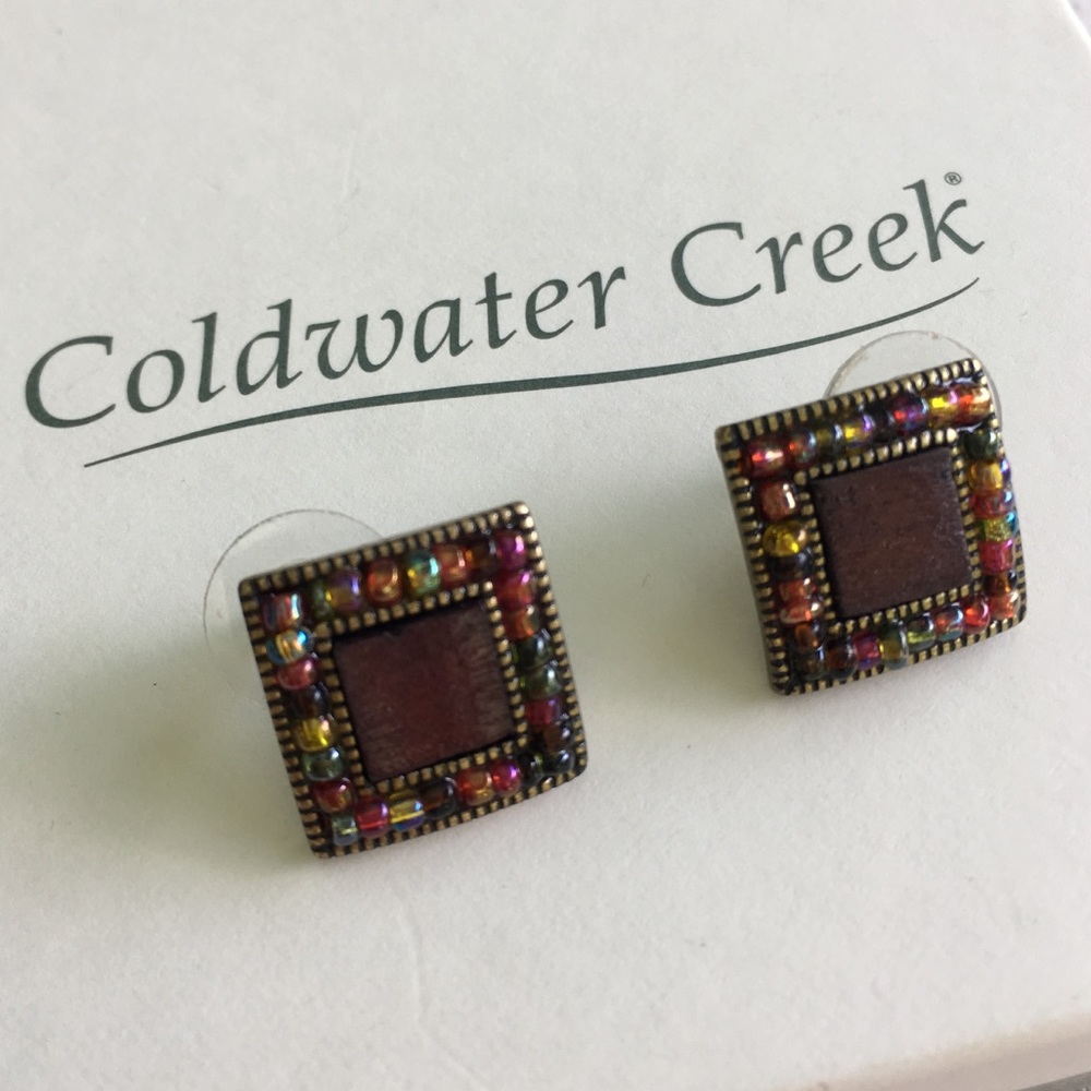 Coldwater Creek Wood + Bead Gold Inlay Earrings